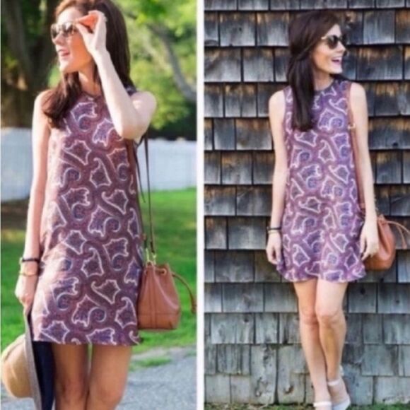 Theory Brindina Veranda Silk Leather Trim Paisley Print Shift Dress - Picture 2 of 12